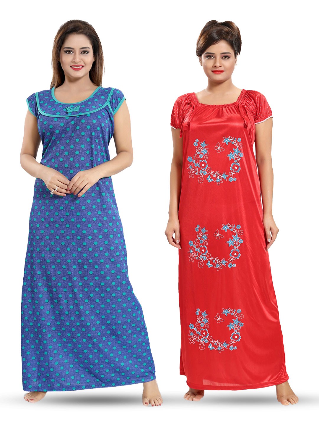 

SHOPPING STATION Pack Of 2 Floral Printed Satin Maxi Nightdress, Blue