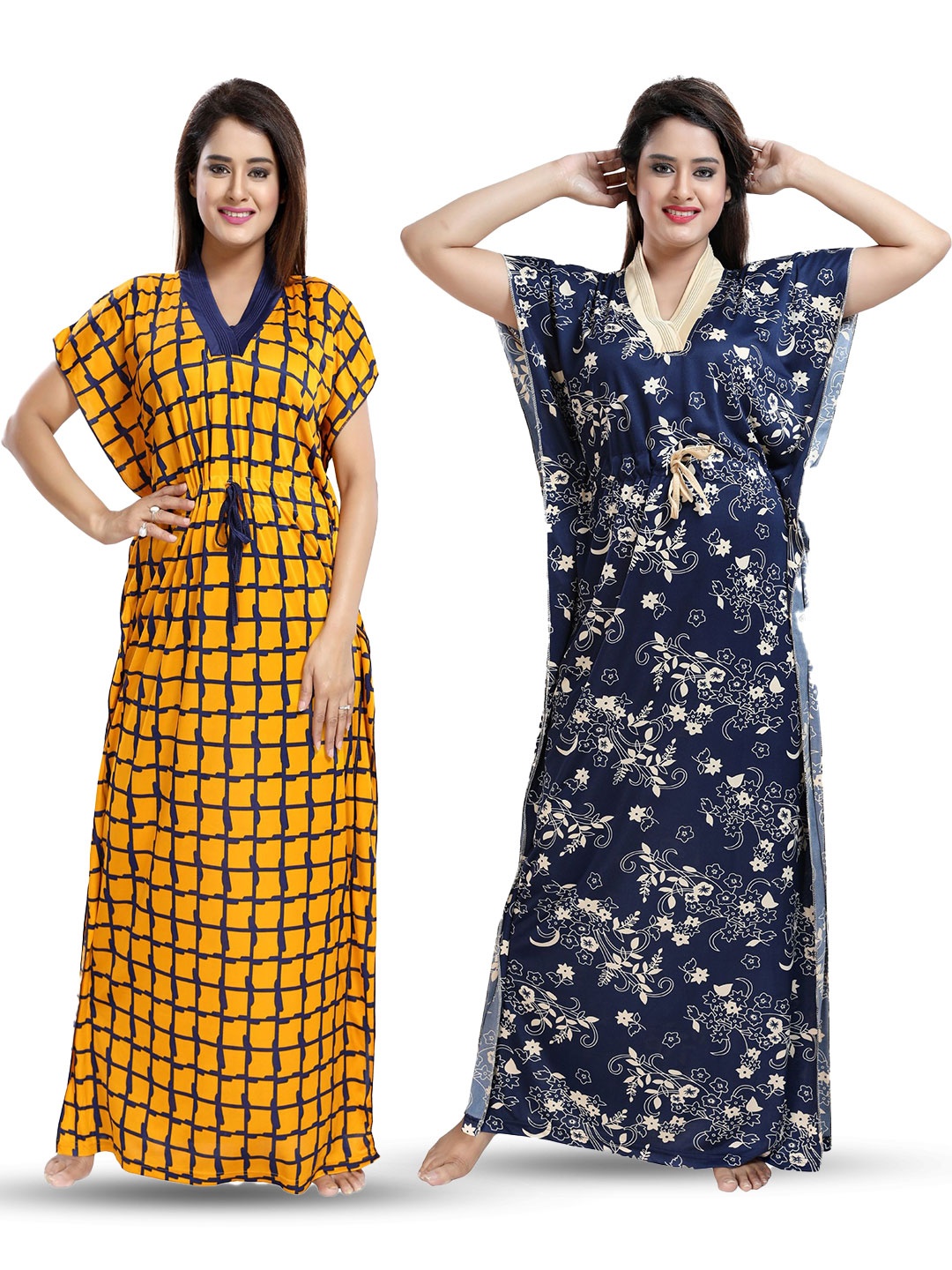 

SHOPPING STATION Pack Of 2 Floral Printed Satin Kaftan Maxi Nightdress, Blue