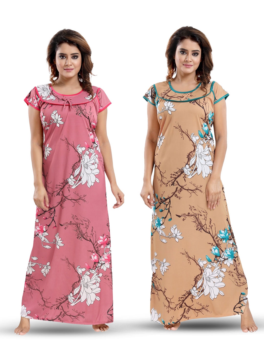 

SHOPPING STATION Pack Of 2 Floral Printed Satin Maxi Nightdress, Peach