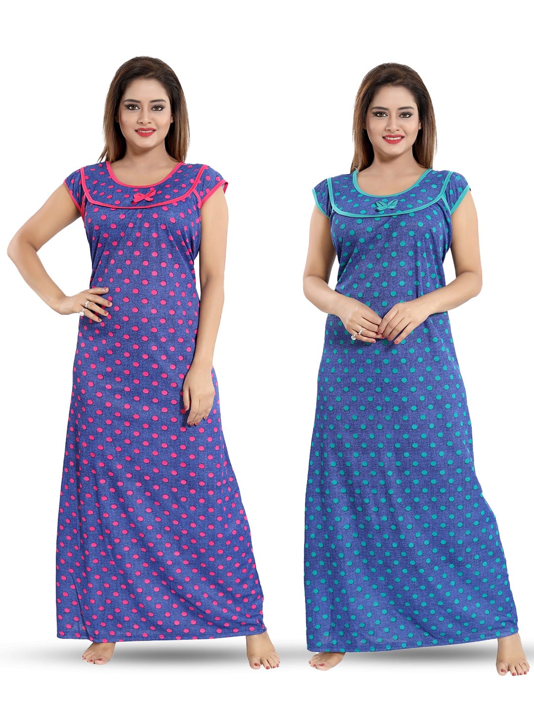 

SHOPPING STATION Pack Of 2 Polka Dots Printed Satin Maxi Nightdress, Blue
