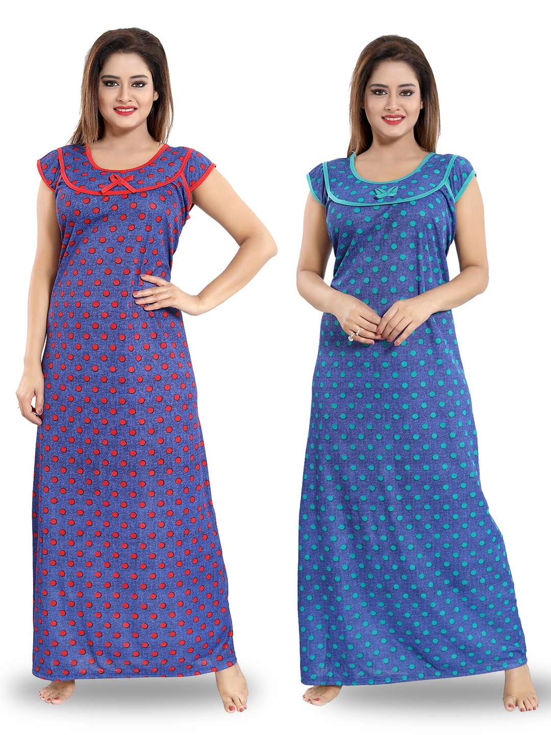 

SHOPPING STATION Pack Of 2 Polka Dots Printed Satin Maxi Nightdress, Blue