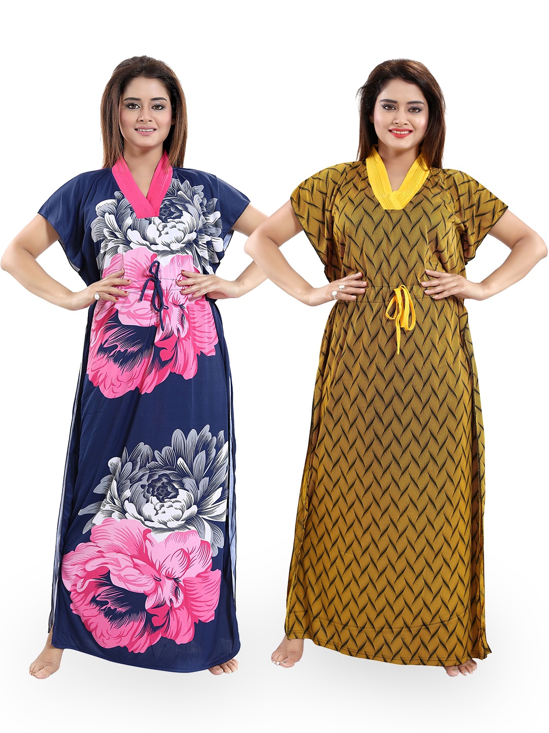 

SHOPPING STATION Pack Of 2 Floral Printed Satin Maxi Kaftan Nightdress, Blue