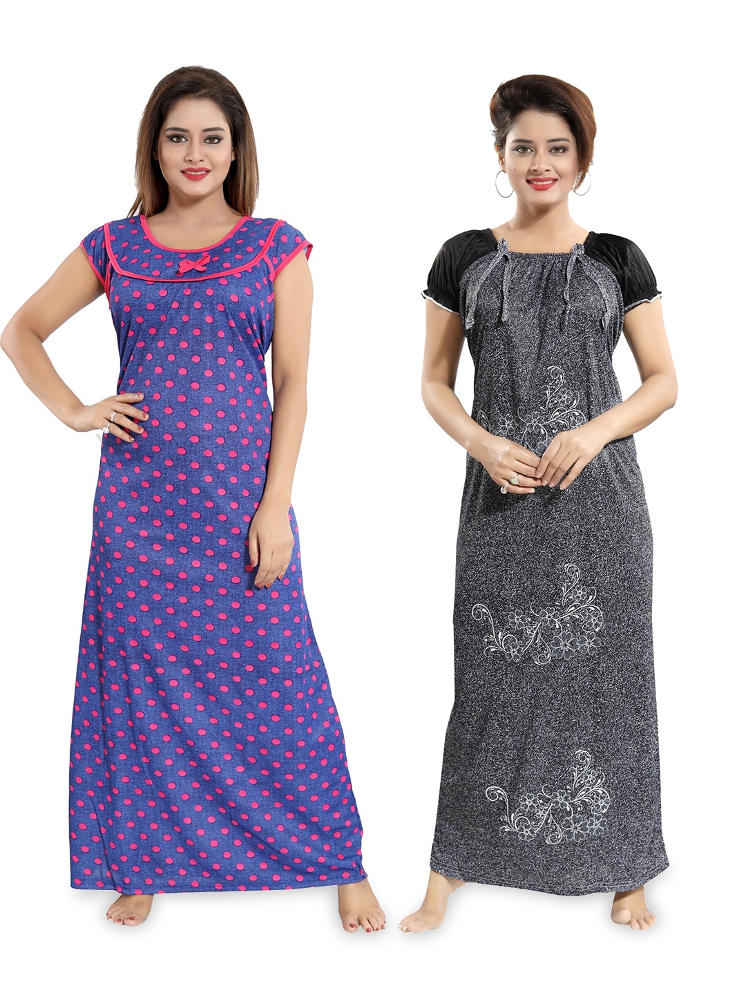 

SHOPPING STATION Pack Of 2 Polka Dots Printed Satin Maxi Nightdress, Violet