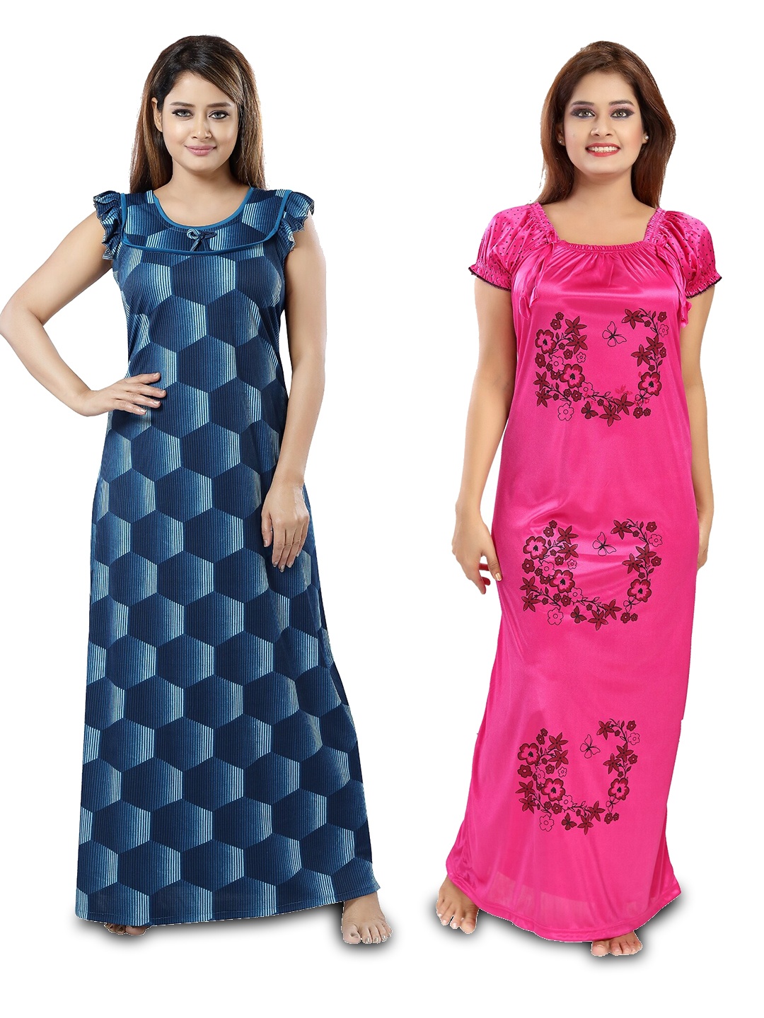 

SHOPPING STATION Pack Of 2 Floral Printed Satin Maxi Nightdress, Blue