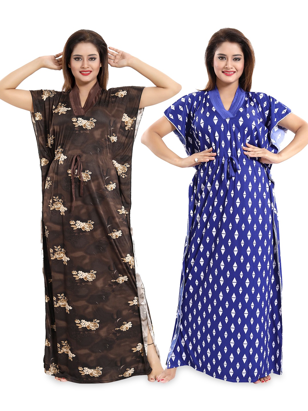 

SHOPPING STATION Pack Of 2 Floral Printed Satin Maxi Kaftan Nightdress, Blue