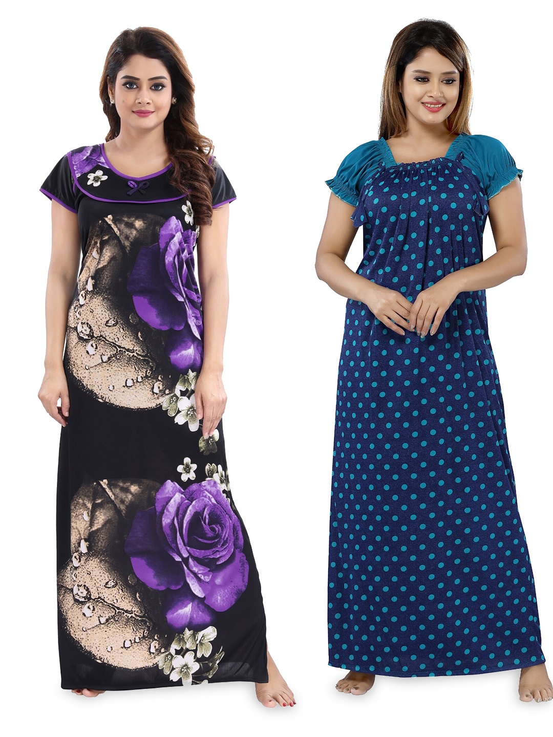 

SHOPPING STATION Pack Of 2 Floral Printed Satin Maxi Nightdress, Black