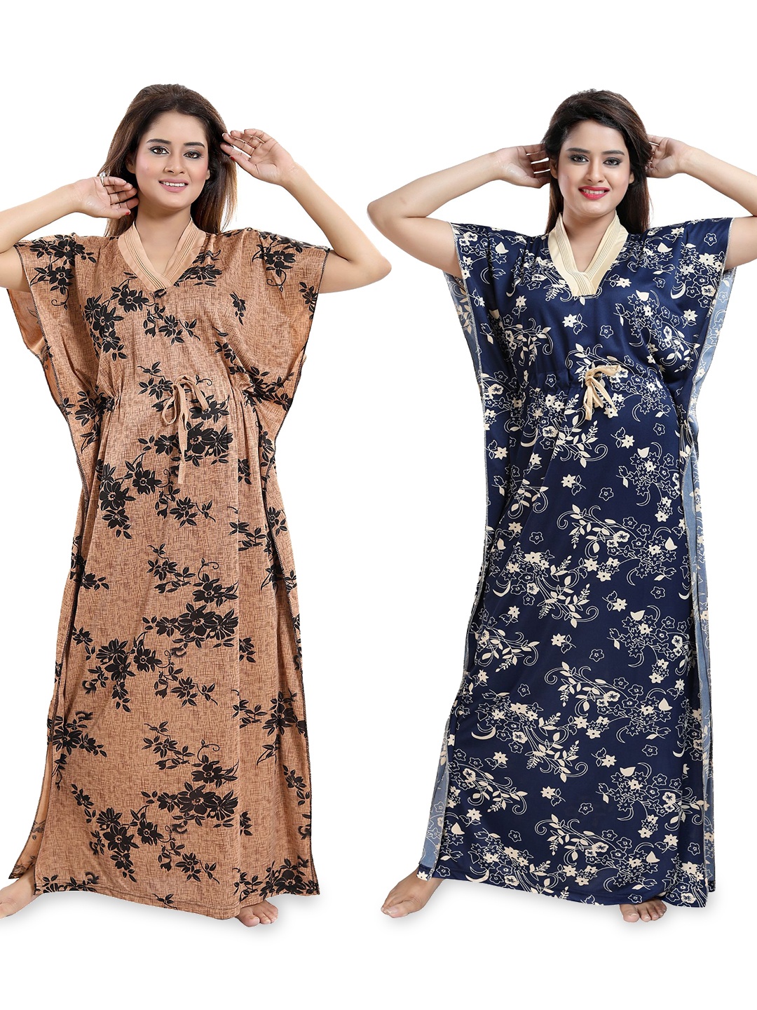

SHOPPING STATION Pack Of 2 Floral Printed Satin Kaftan Maxi Nightdress, Navy blue