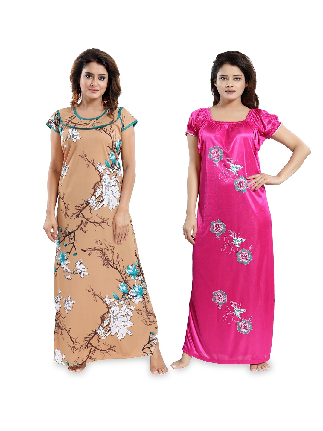 

SHOPPING STATION Pack Of 2 Floral Printed Satin Maxi Nightdress, Beige
