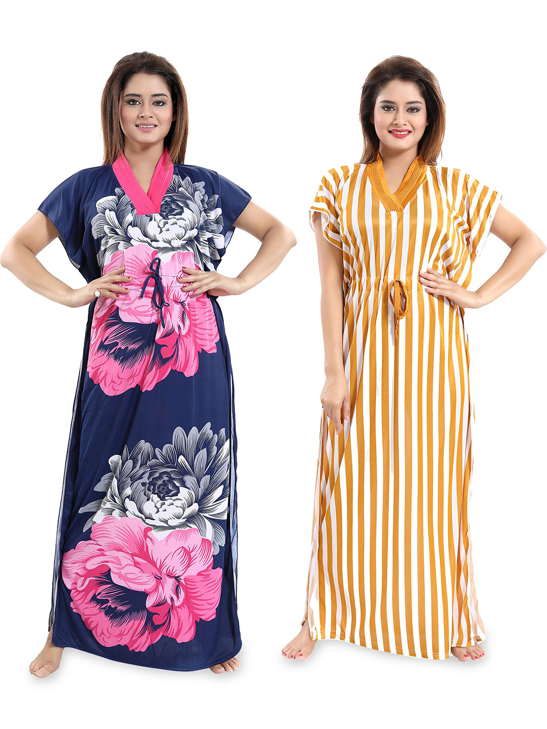 

SHOPPING STATION Pack Of 2 Floral Printed Satin Maxi Kaftan Nightdress, Blue