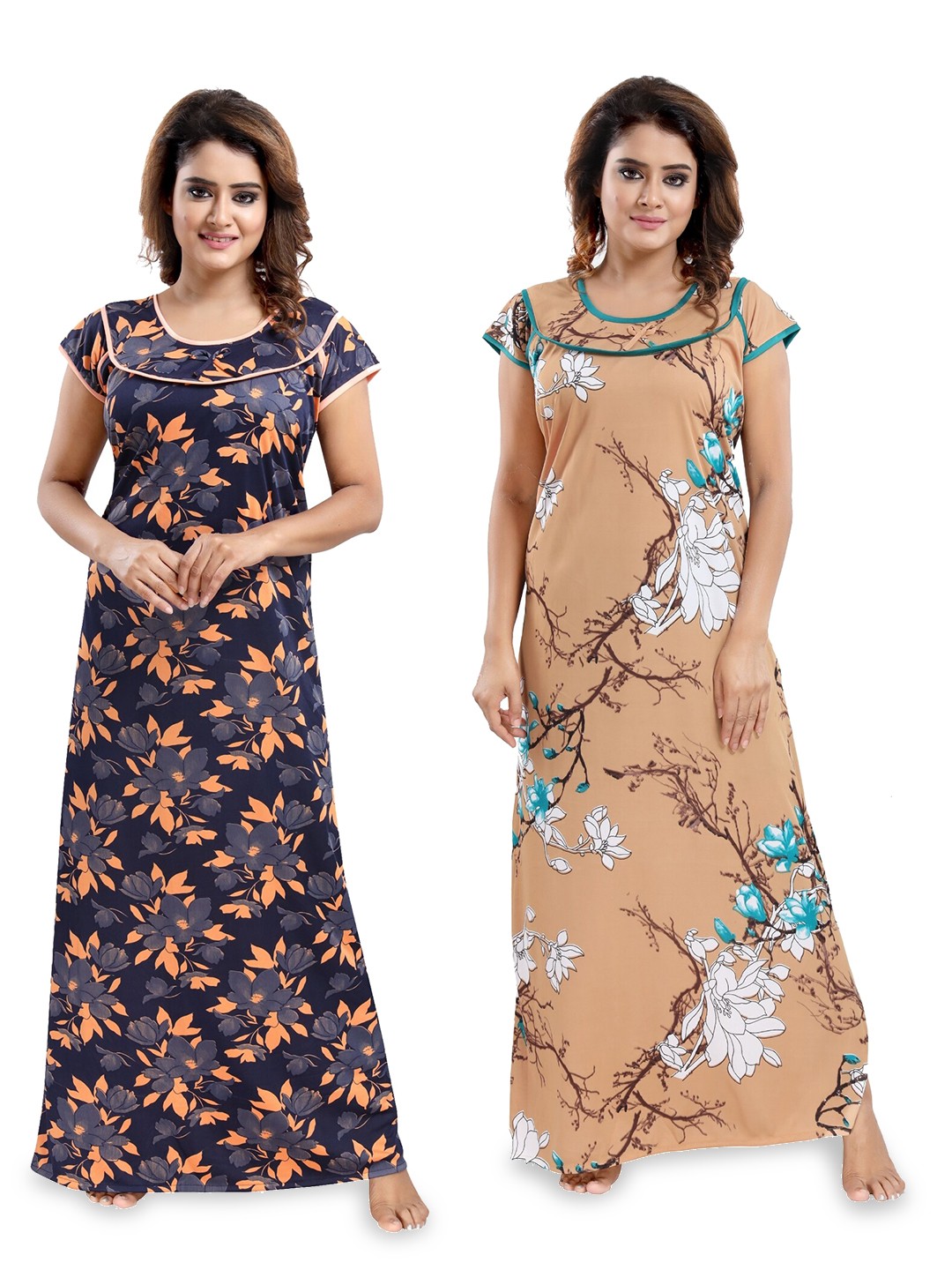 

SHOPPING STATION Pack Of 2 Floral Printed Satin Maxi Nightdress, Navy blue