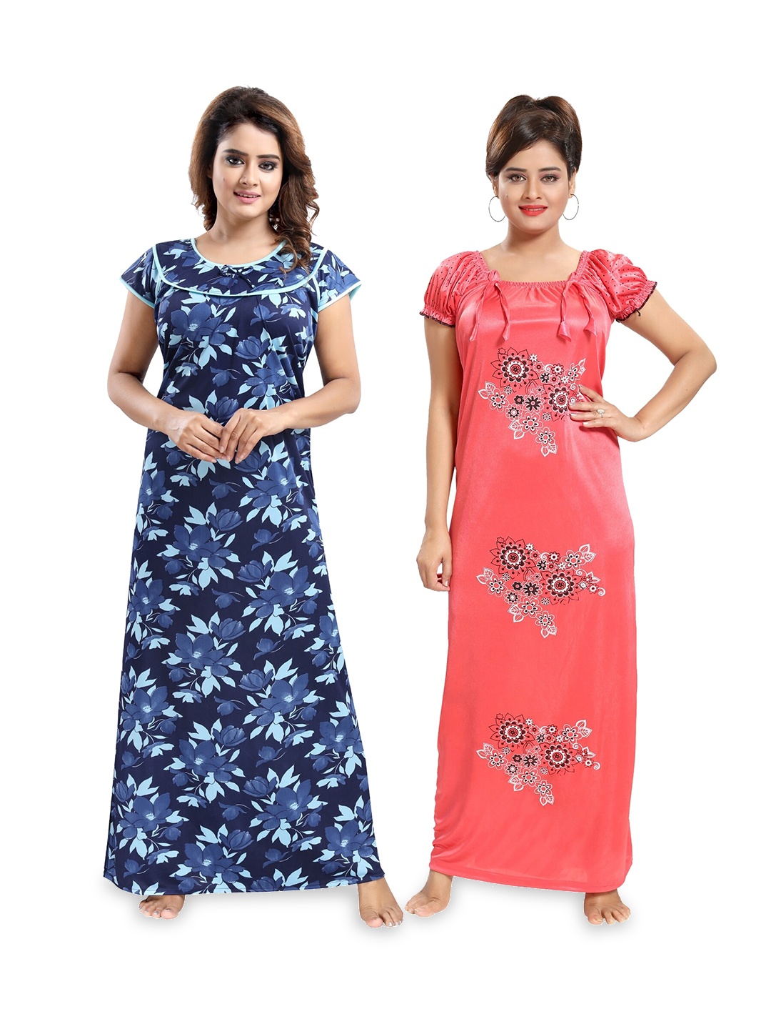 

SHOPPING STATION Pack Of 2 Floral Printed Satin Maxi Nightdress, Blue