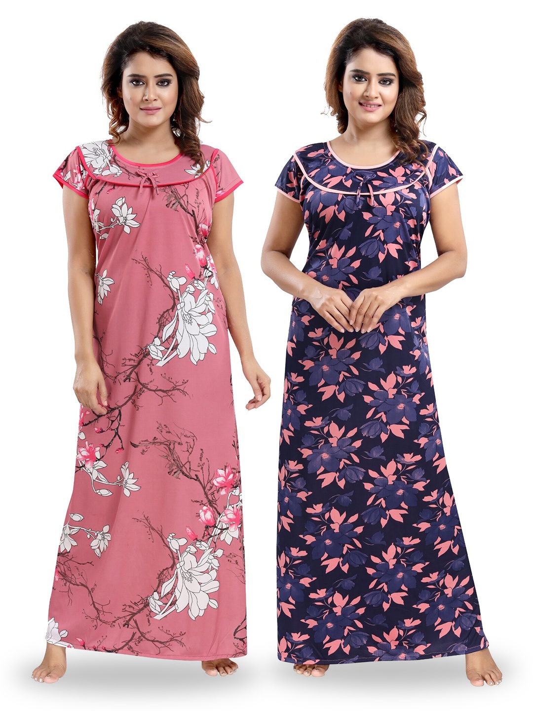

SHOPPING STATION Pack Of 2 Floral Printed Satin Maxi Nightdress, Pink