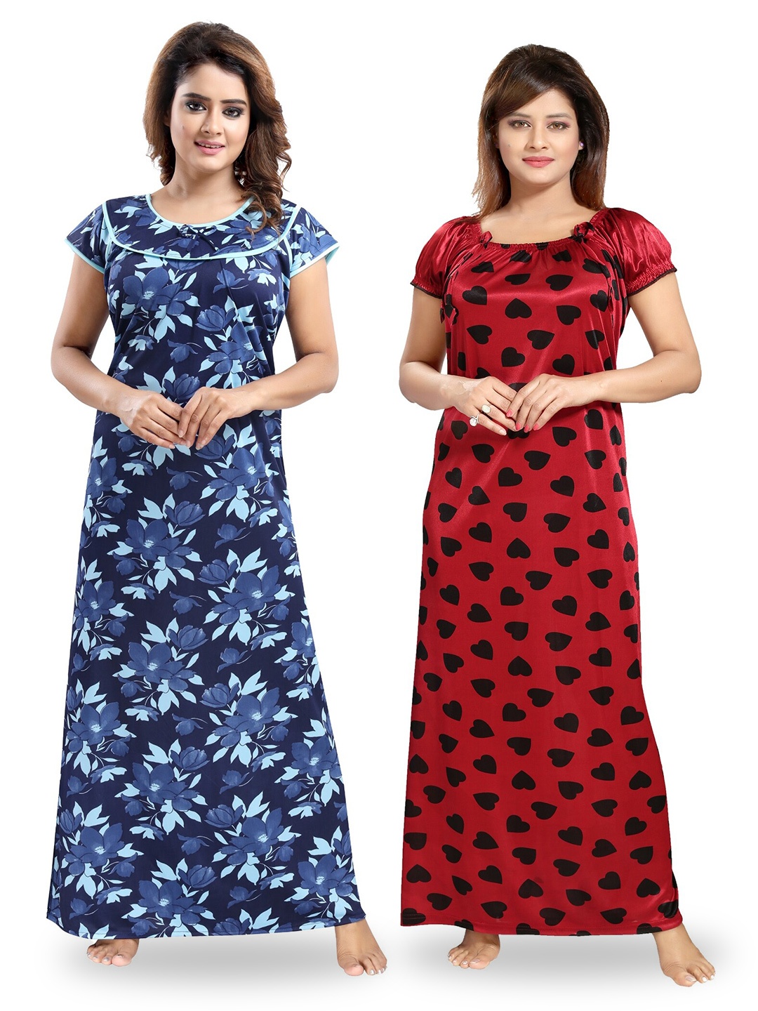 

SHOPPING STATION Pack Of 2 Floral Printed Satin Maxi Nightdress, Red