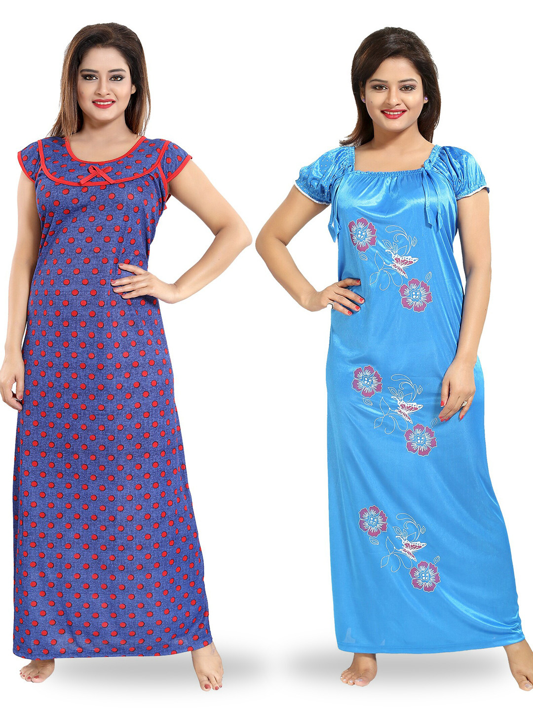 

SHOPPING STATION Pack Of 2 Polka Dots Printed Satin Maxi Nightdress, Turquoise blue