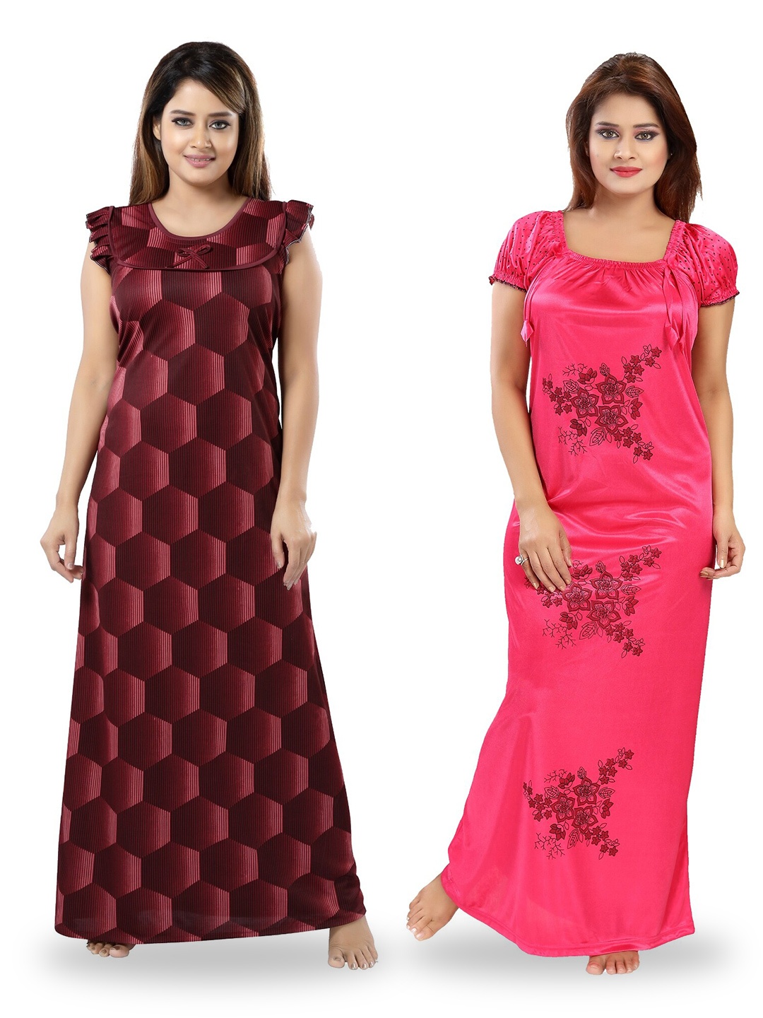 

SHOPPING STATION Pack Of 2 Floral Printed Satin Maxi Nightdress, Pink