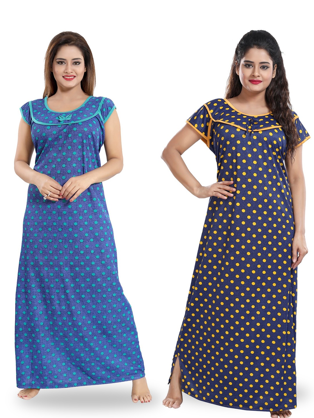

SHOPPING STATION Pack Of 2 Polka Dots Printed Satin Maxi Nightdress, Blue