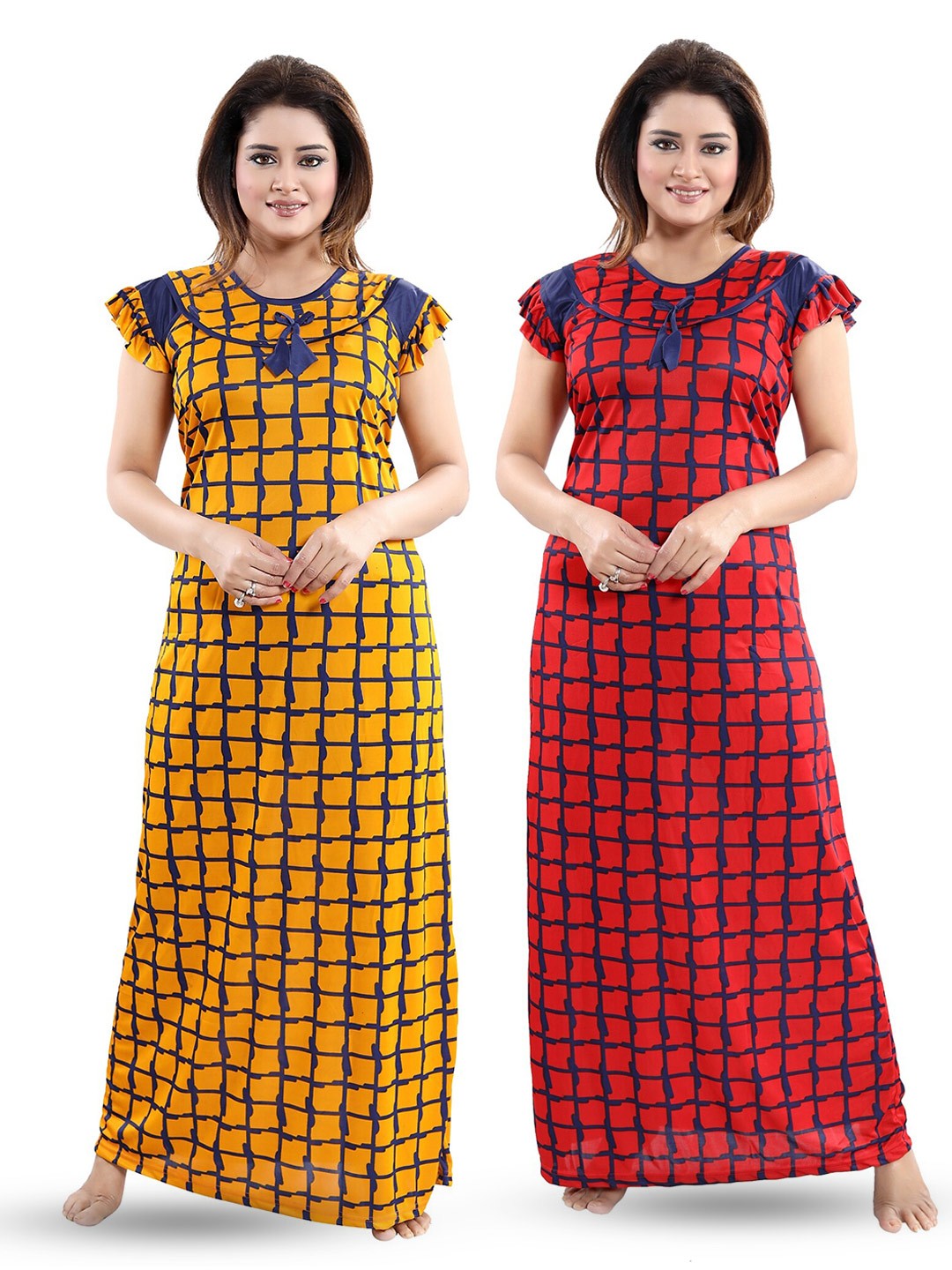 

SHOPPING STATION Pack Of 2 Checked Satin Maxi Nightdress, Yellow