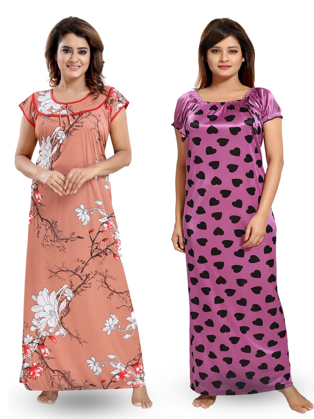 

SHOPPING STATION Pack Of 2 Floral Printed Satin Maxi Nightdress, Peach