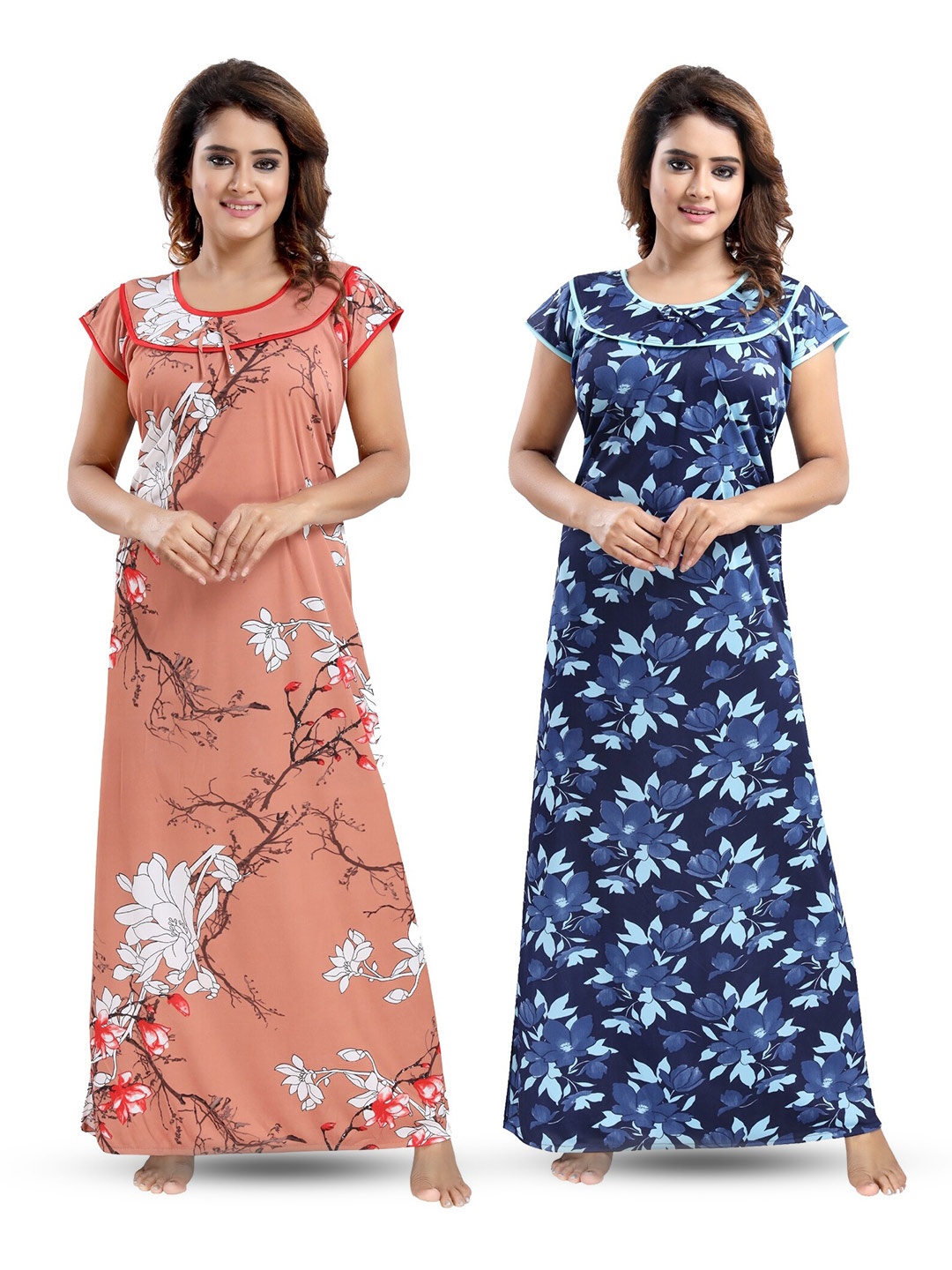 

SHOPPING STATION Pack Of 2 Floral Printed Satin Maxi Nightdress, Navy blue