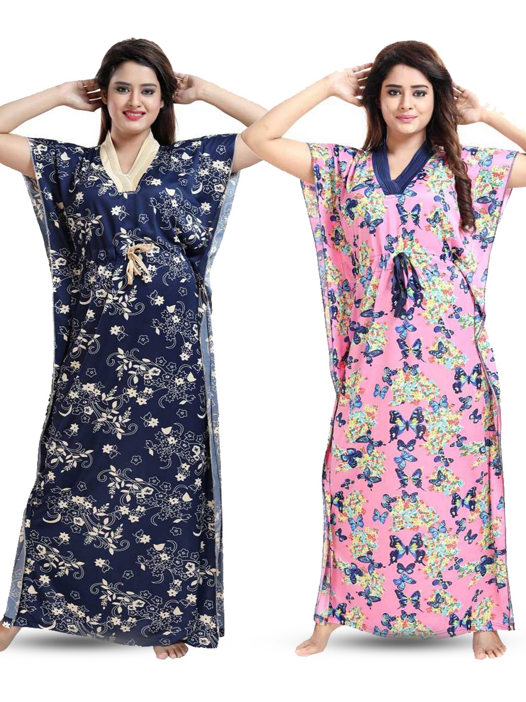 

SHOPPING STATION Pack Of 2 Floral Printed Satin Maxi Kaftan Nightdress, Blue