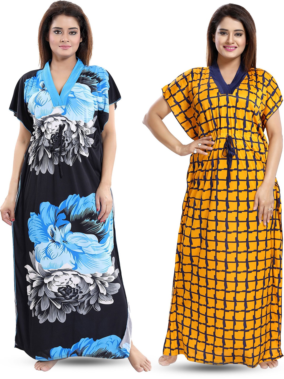 

SHOPPING STATION Pack Of 2 Floral Printed Satin Maxi Kaftan Nightdress, Blue
