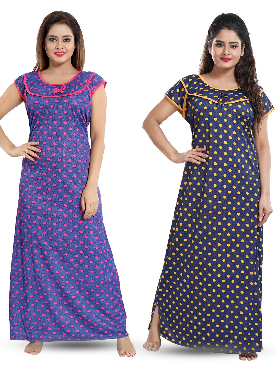 

SHOPPING STATION Pack Of 2 Polka Dots Printed Satin Maxi Nightdress, Blue