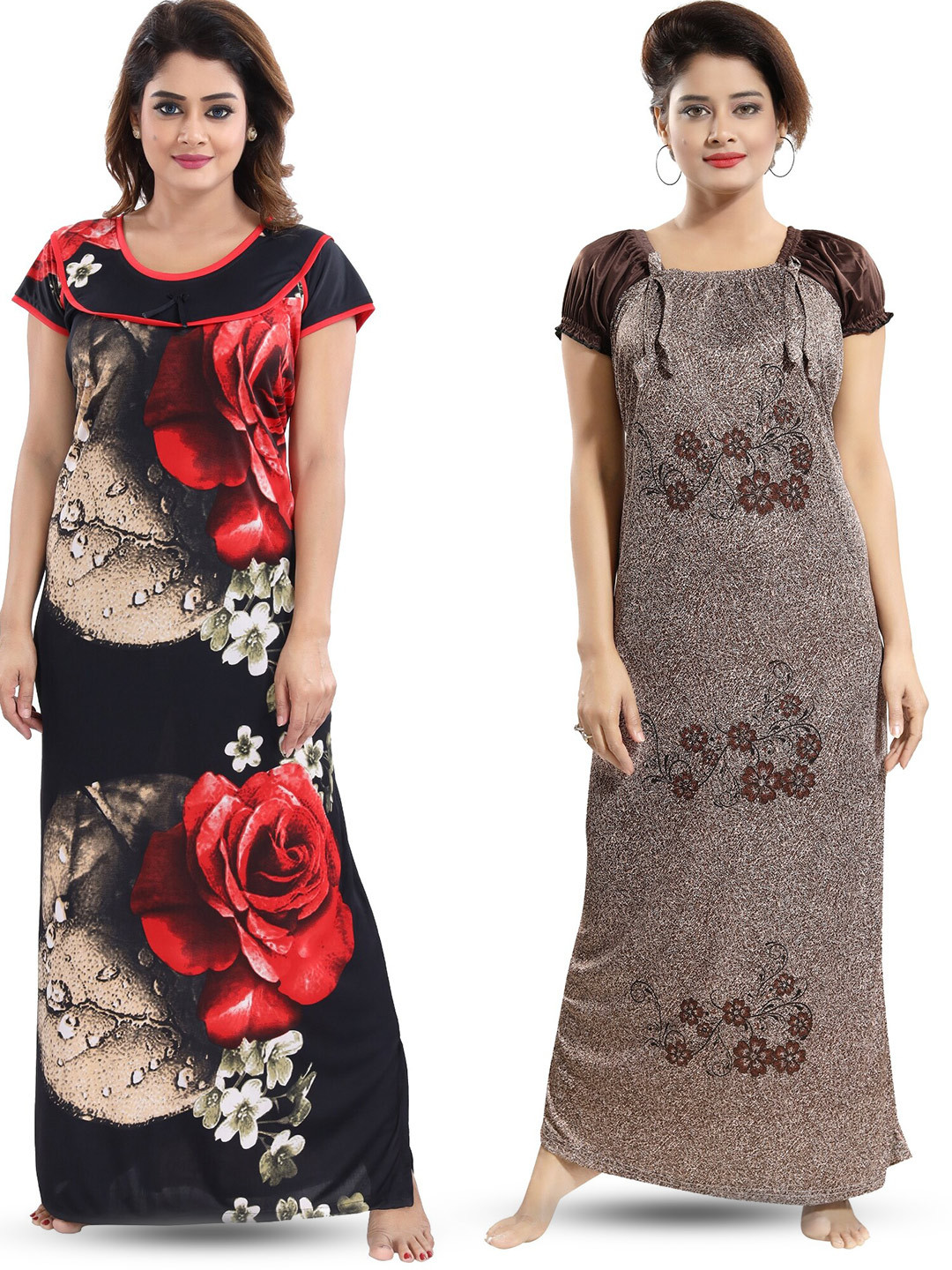 

SHOPPING STATION Pack Of 2 Floral Printed Satin Maxi Nightdress, Black