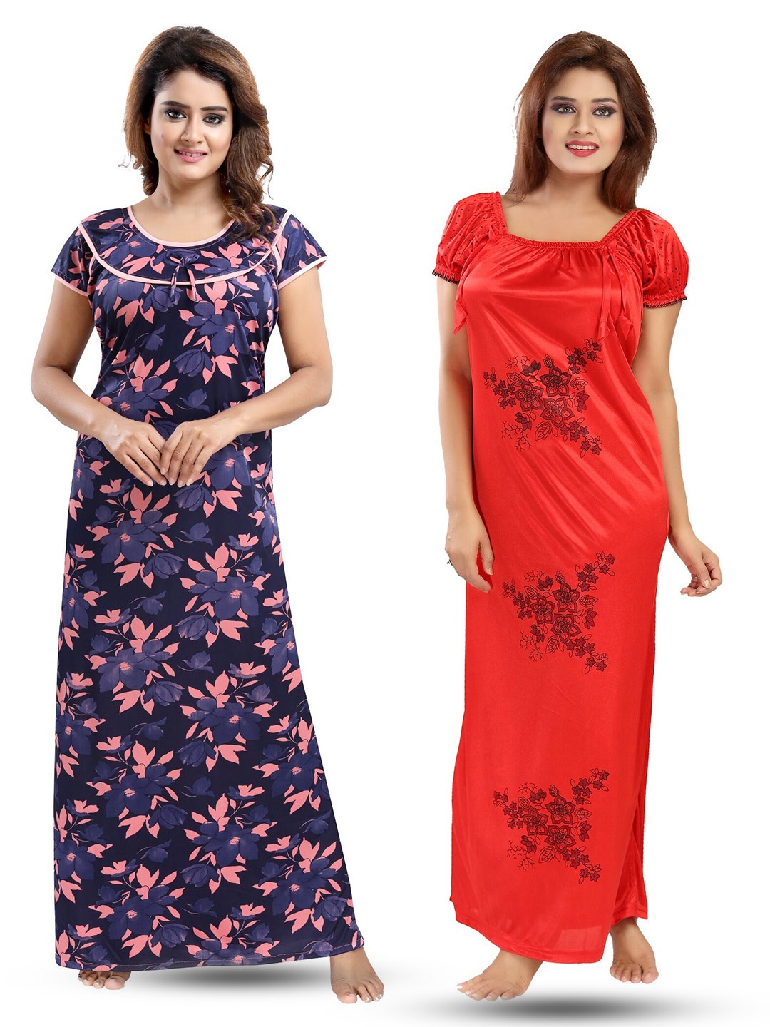 

SHOPPING STATION Pack Of 2 Floral Printed Satin Maxi Nightdress, Navy blue