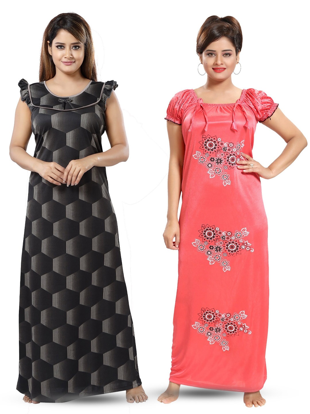 

SHOPPING STATION Pack Of 2 Floral Printed Satin Maxi Nightdress, Black