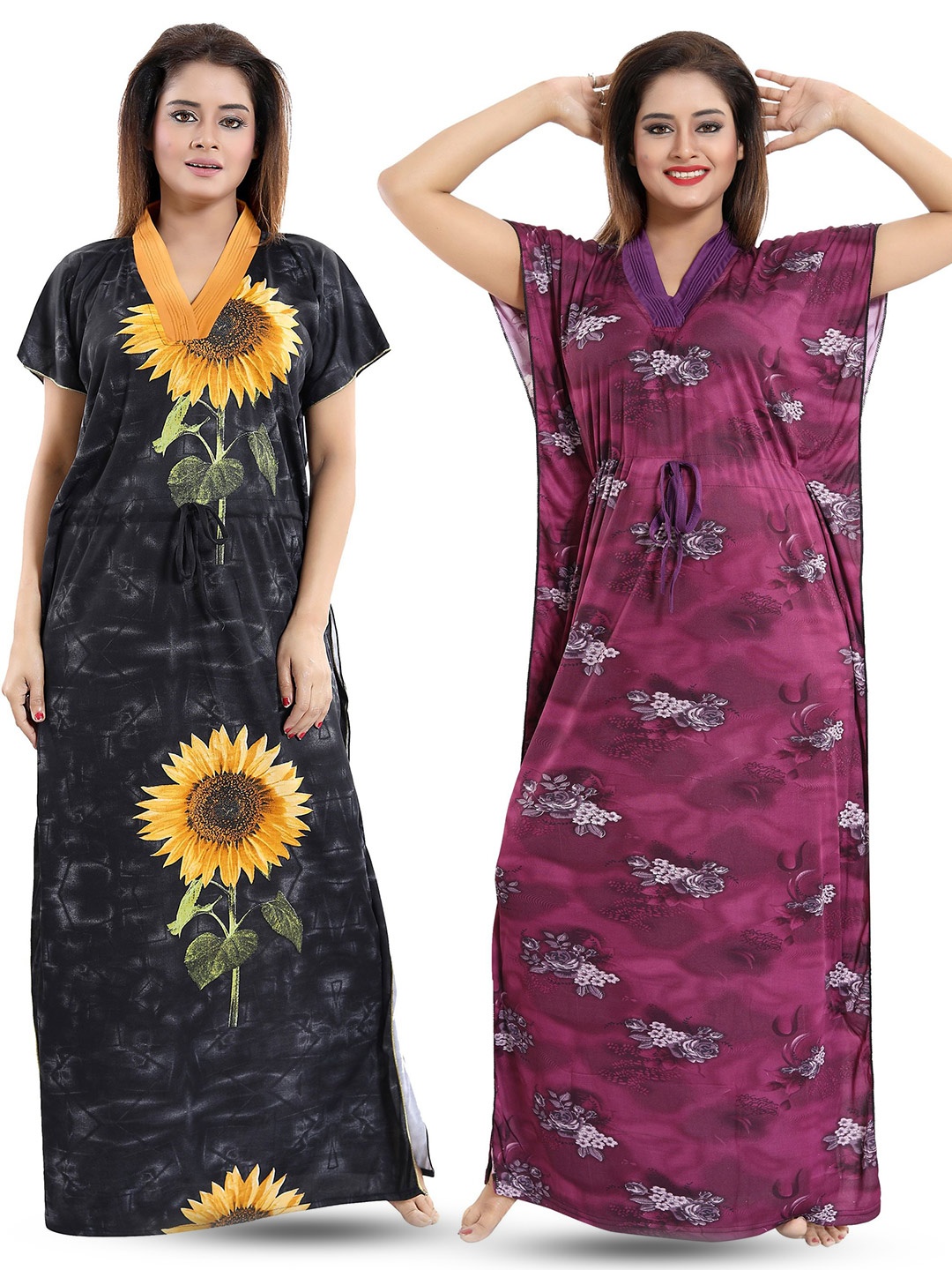 

SHOPPING STATION Pack Of 2 Floral Printed Satin Kaftan Maxi Nightdress, Black