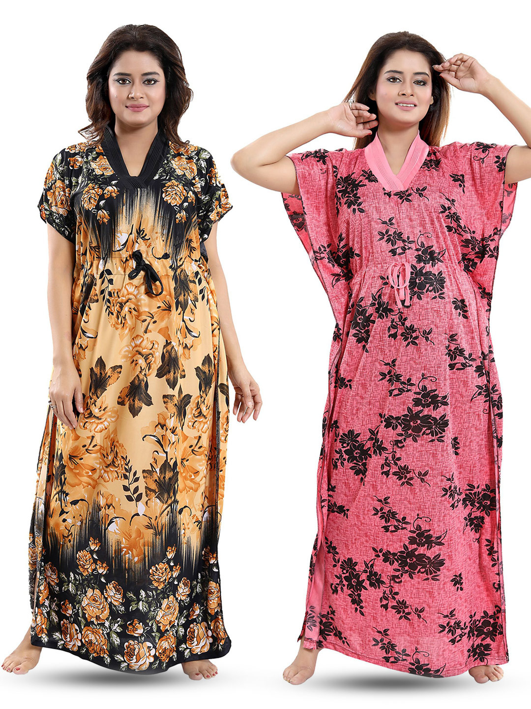 

SHOPPING STATION Pack Of 2 Floral Printed Satin Maxi Kaftan Nightdress, Yellow
