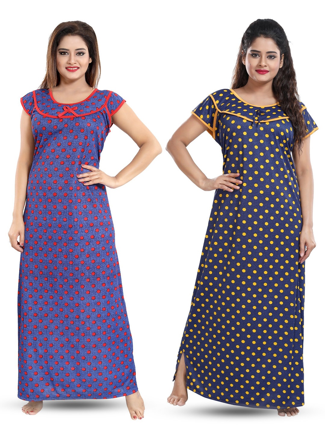

SHOPPING STATION Pack Of 2 Polka Dots Printed Satin Maxi Nightdress, Blue