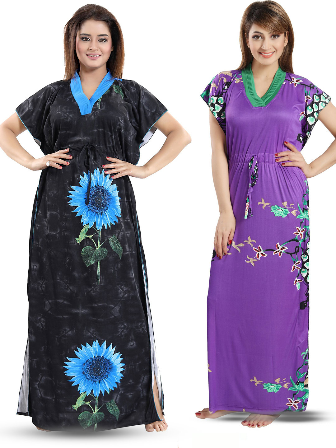 

SHOPPING STATION Pack Of 2 Floral Printed Satin Kaftan Maxi Nightdress, Violet