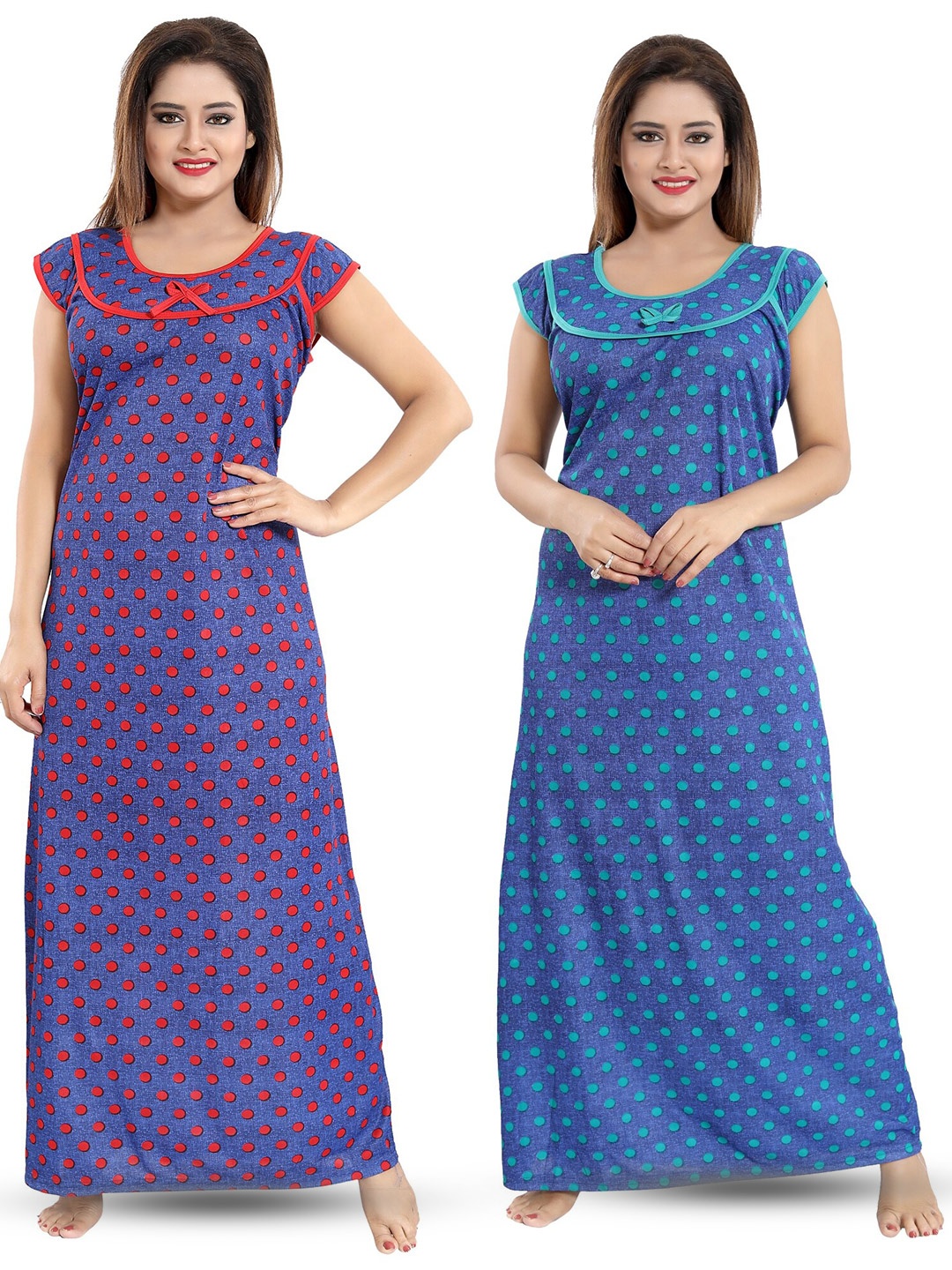 

SHOPPING STATION Pack Of 2 Polka Dots Printed Satin Maxi Nightdress, Blue