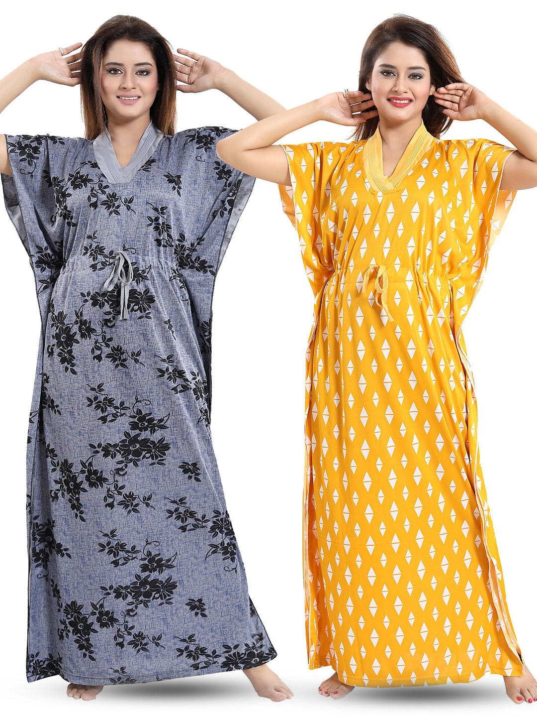 

SHOPPING STATION Pack Of 2 Floral Printed Satin Kaftan Maxi Nightdress, Yellow