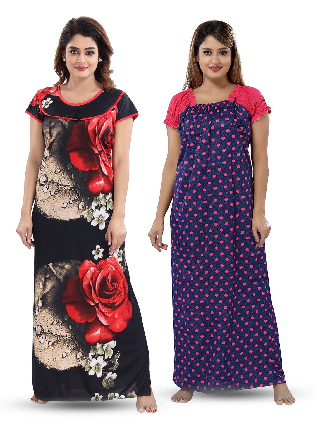 

SHOPPING STATION Pack Of 2 Floral Printed Satin Maxi Nightdress, Black