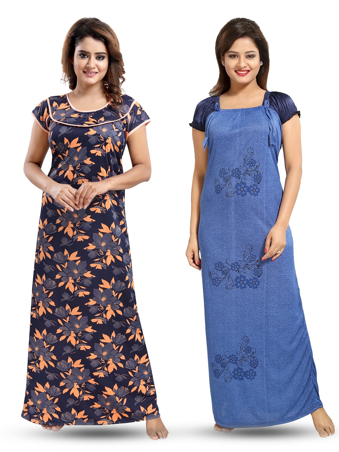 

SHOPPING STATION Pack Of 2 Floral Printed Satin Maxi Nightdress, Blue