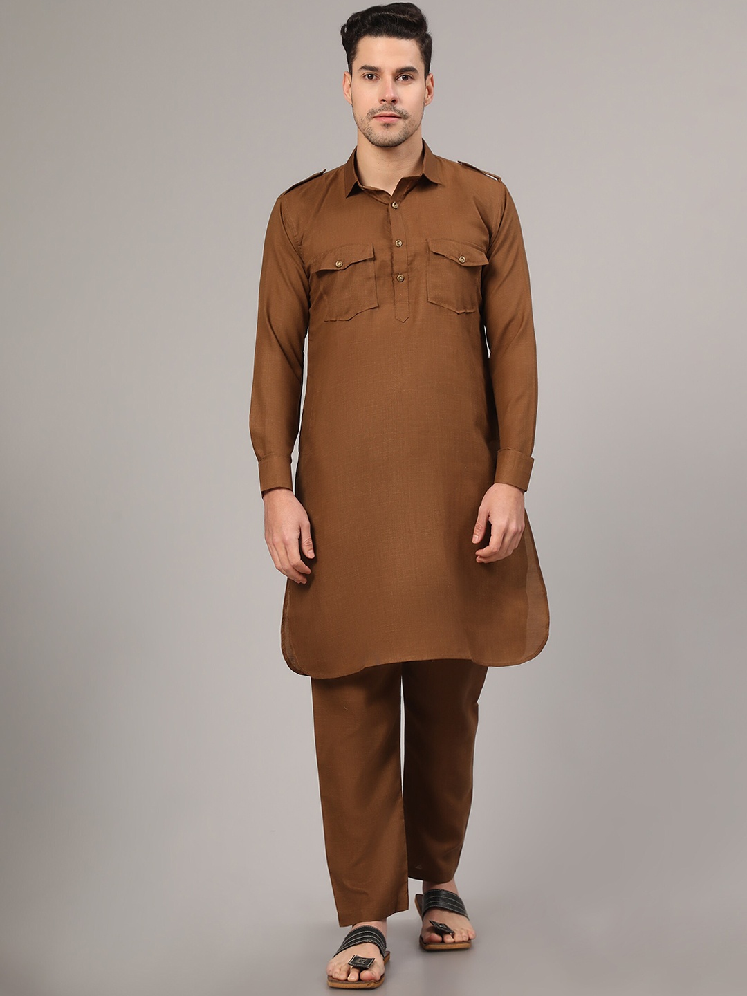 

Murta Trends Shirt Collar Pathani Kurta With Pyjamas, Coffee brown