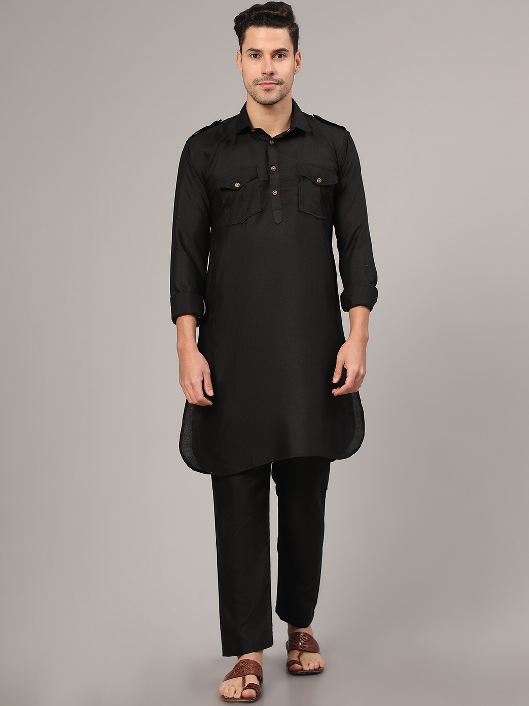 

Murta Trends Shirt Collar Pathani Kurta With Pyjamas, Black