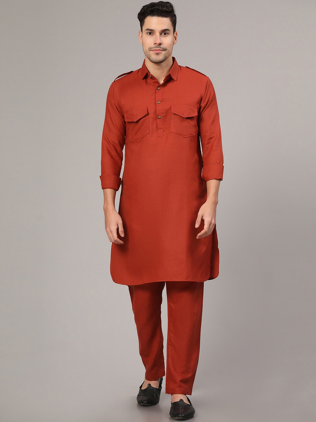 

Murta Trends Shirt Collar Kurta With Pyjamas Set, Orange