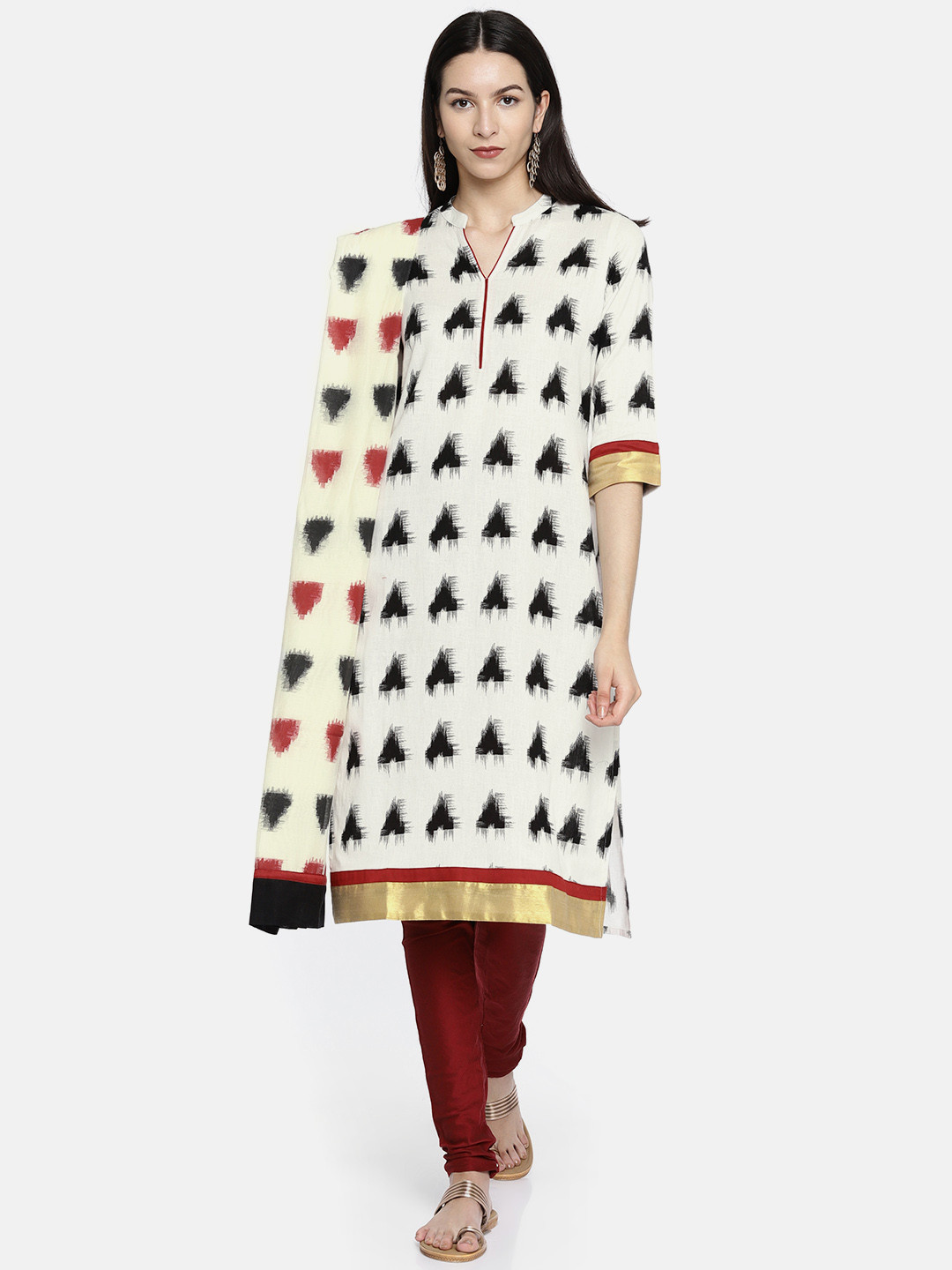 

Anouk Women White & Maroon Printed Kurta with Churidar & Dupatta