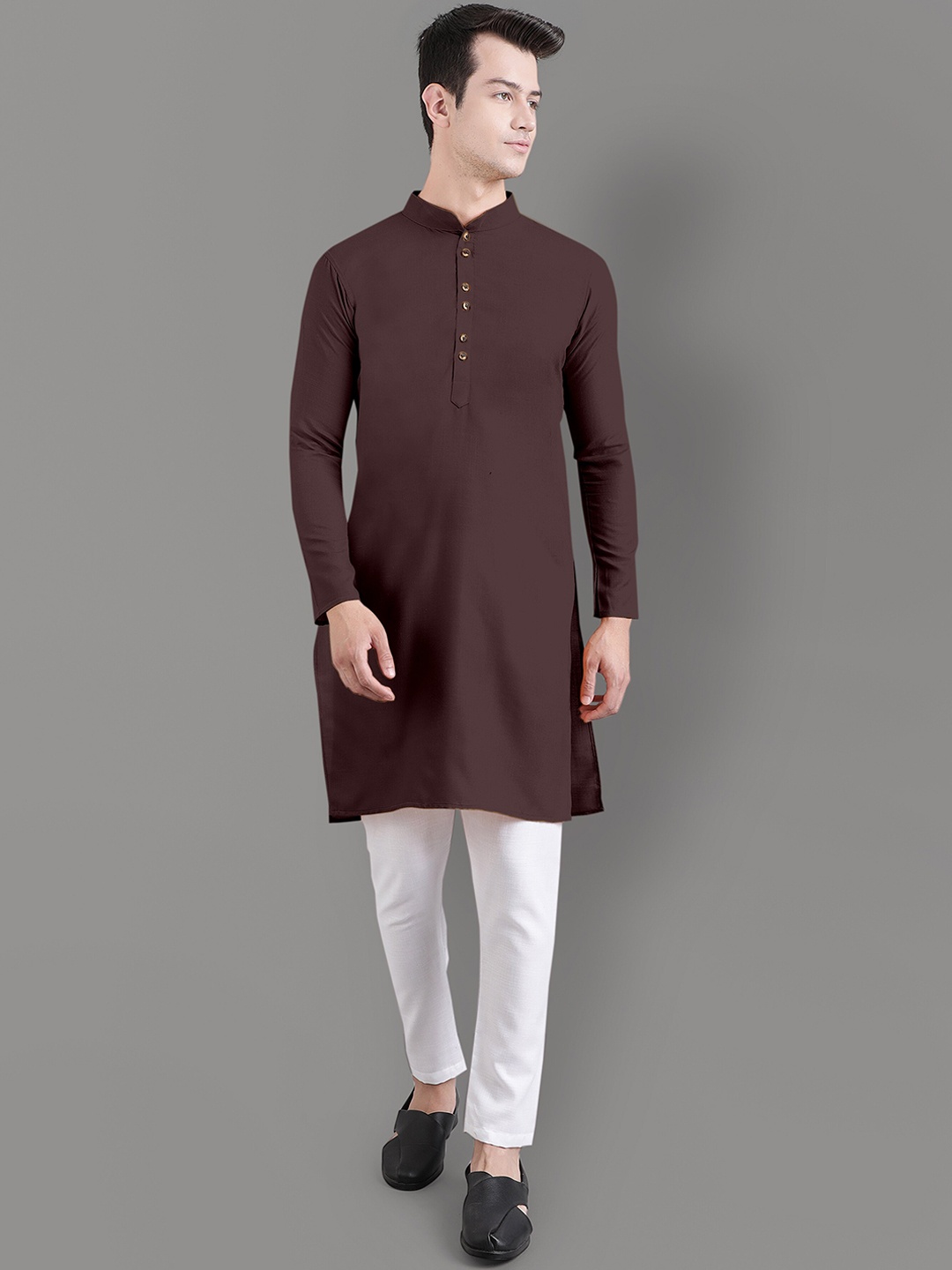 

Murta Trends Mandarin Collar Kurta With Pyjamas Set, Coffee brown