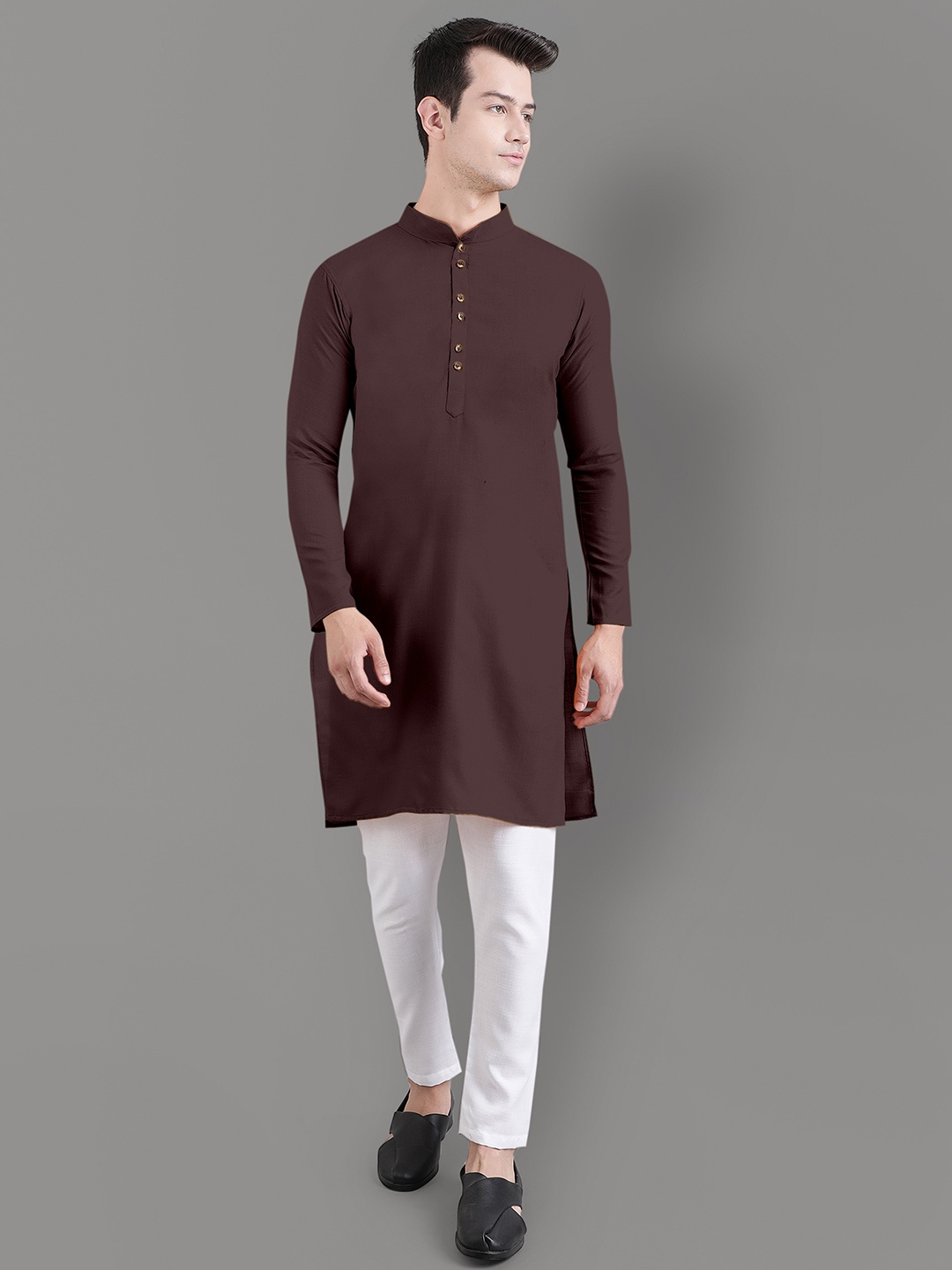 

Murta Trends Mandarin Collar Kurta With Pyjamas Set, Coffee brown