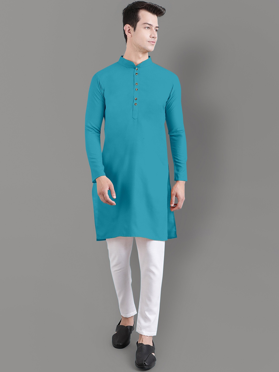 

Murta Trends Mandarin Collar Kurta With Pyjamas Set, Turquoise blue