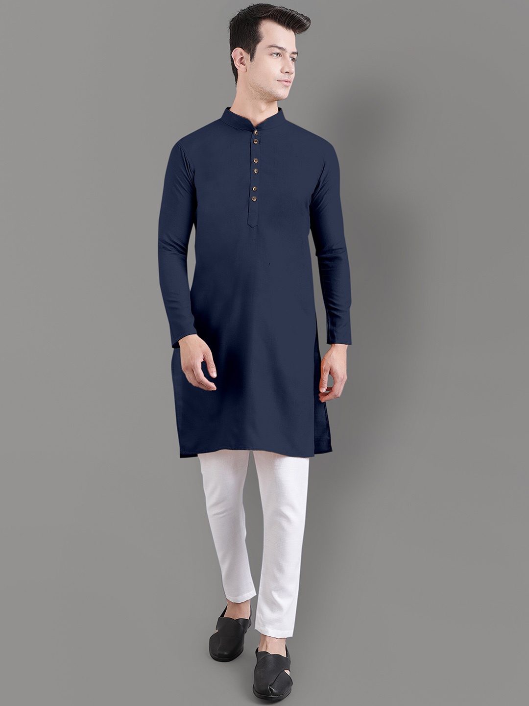 

Murta Trends Mandarin Collar Kurta With Pyjamas Set, Navy blue