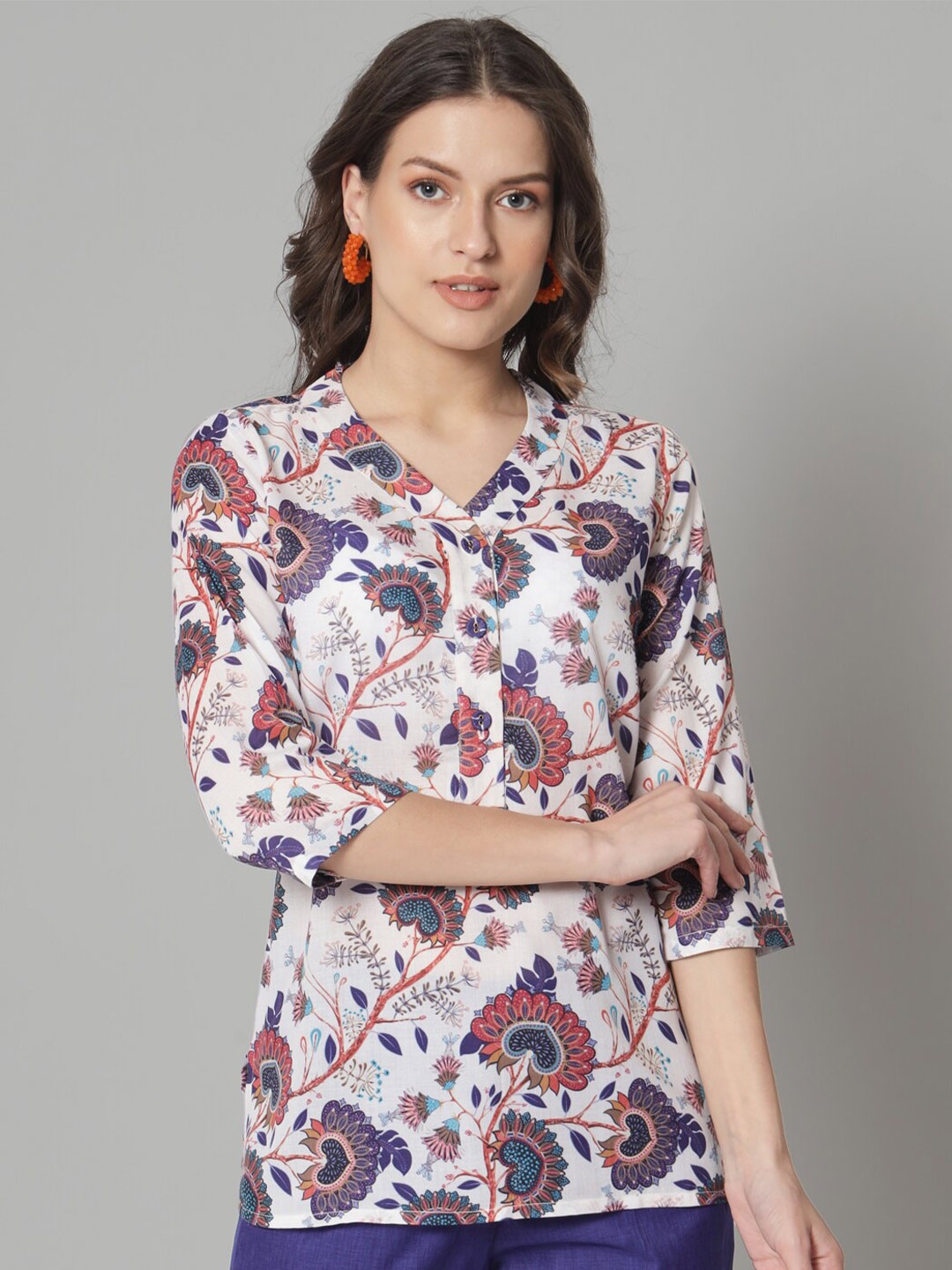 

PowerSutra Ethnic Motifs Printed Pure Cotton Regular Top, Blue