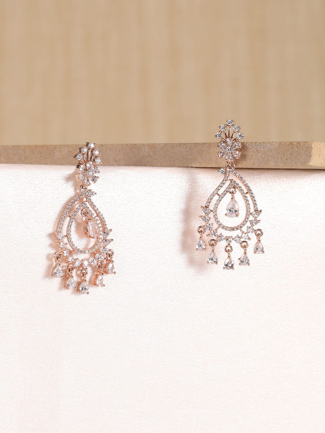 

XPNSV Rose Gold-Plated American Diamond-Studded Drop Earrings