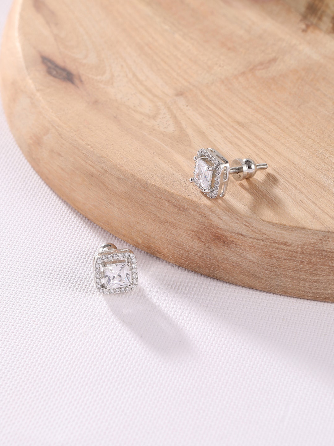 

XPNSV Silver-Plated Square CZ Studded Studs Earrings