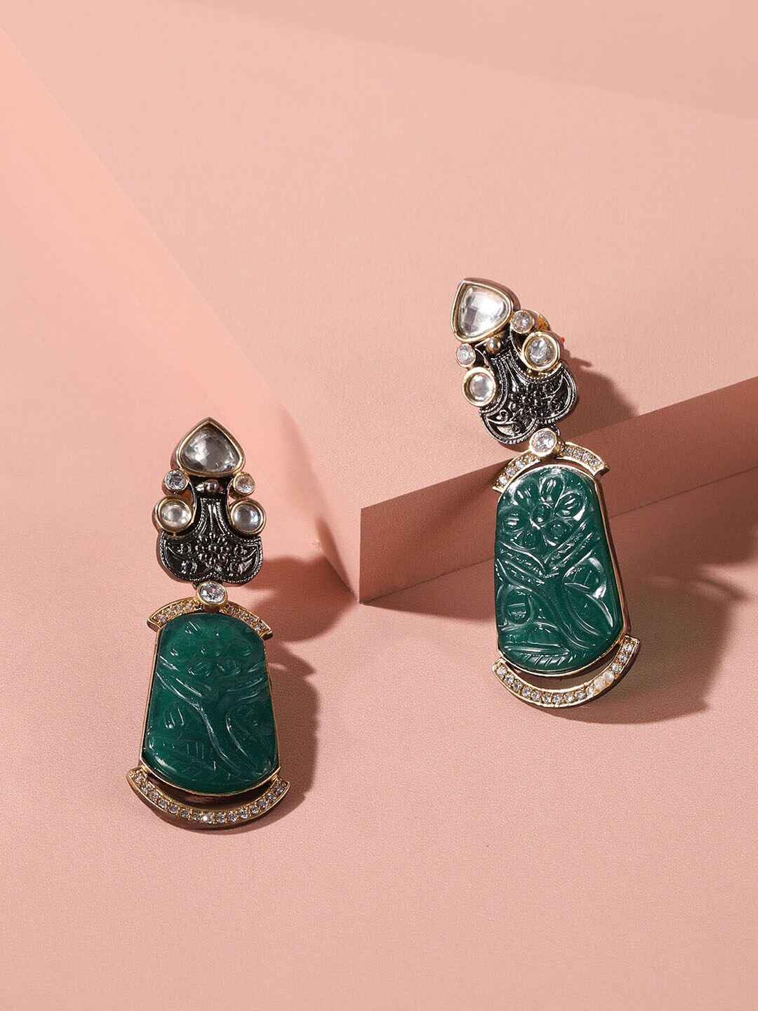 

XPNSV Gold-Plated Contemporary Emerald Studded Drop Earrings
