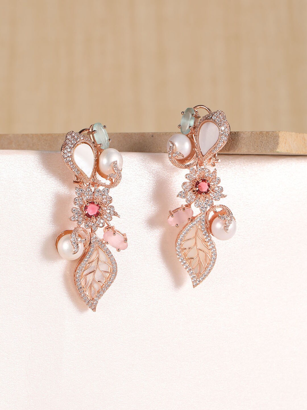 

XPNSV Rose Gold-Plated Contemporary AD Studded & Beaded Drop Earrings